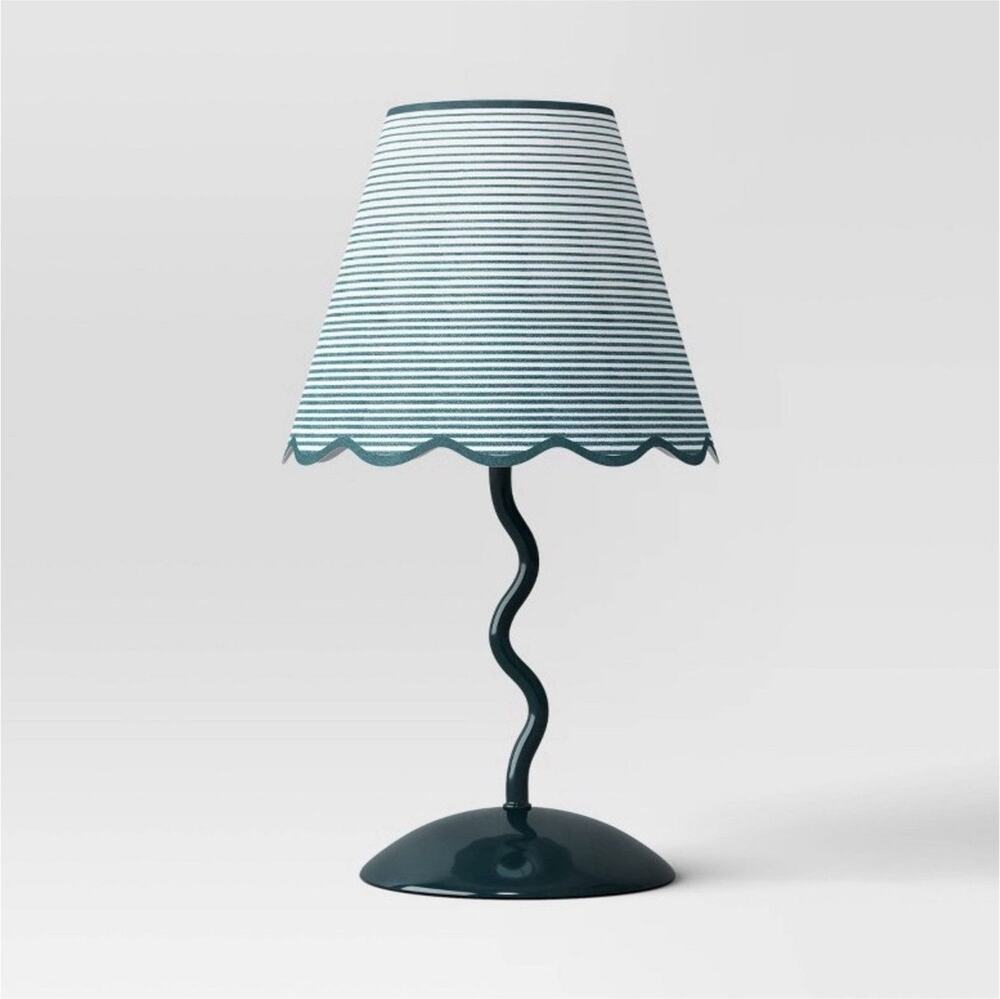 Room Essentials Dark Green Striped Table Lamp Wavy Stem Scalloped Shade